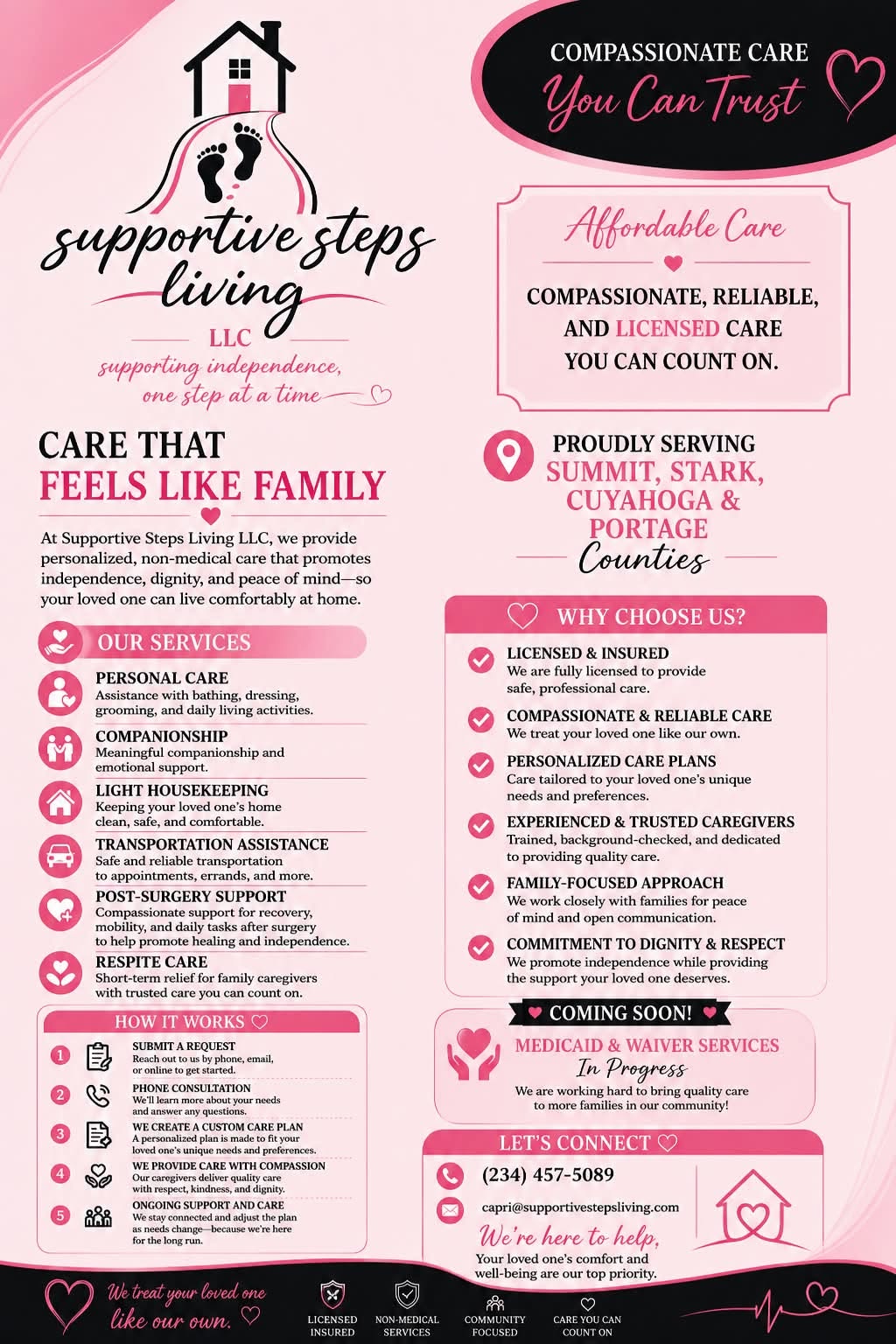 Supportive Steps Living LLC home health care services flyer — personal care and companionship in Akron, OH Supportive Steps Living LLC home health care services flyer — personal care and companionship in Akron, OH